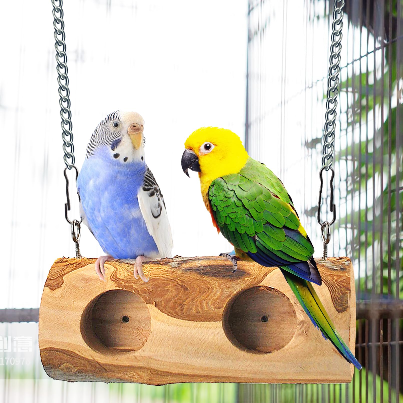 MUYG Wood Bird Swing Toy for Parakeets,2 in 1 Cockatiel Swing for Cage Hanging Standing Chewing Parrot Foraging Toys Natural Bir